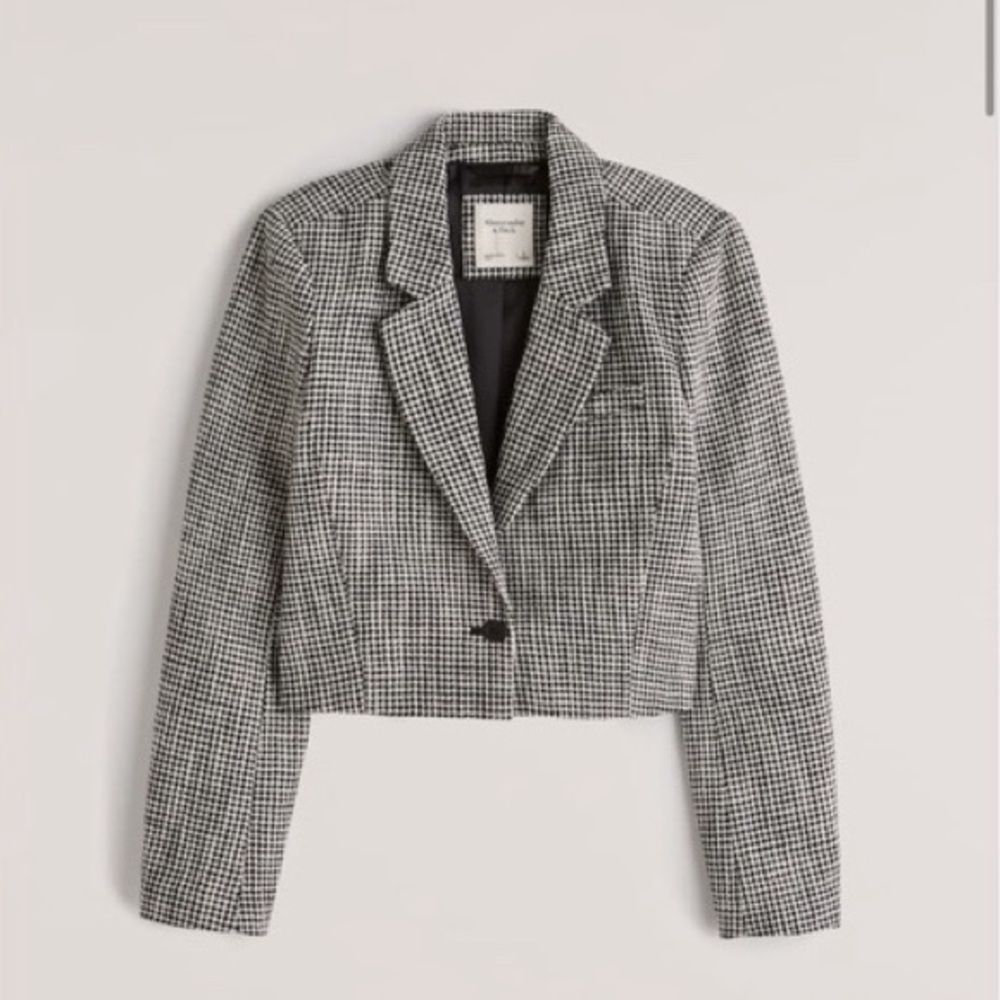 NWT A&F Black Houndstooth Cropped Tweed Blazer in Black White Size Large